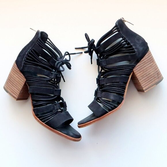 Vince Camuto Black Suede Leather Strappy Cutout Block Heel Sandals Bootie Shoes - Picture 2 of 15